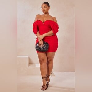 Pretty Little Thing Red Textured V-Bar Bodycon Off-Shoulder Dress (16)